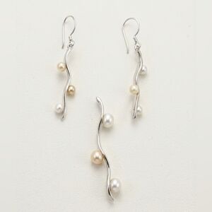 Modernist S925 Sterling Silver Wavy Drop Earrings & Pendant Set with  Pearls